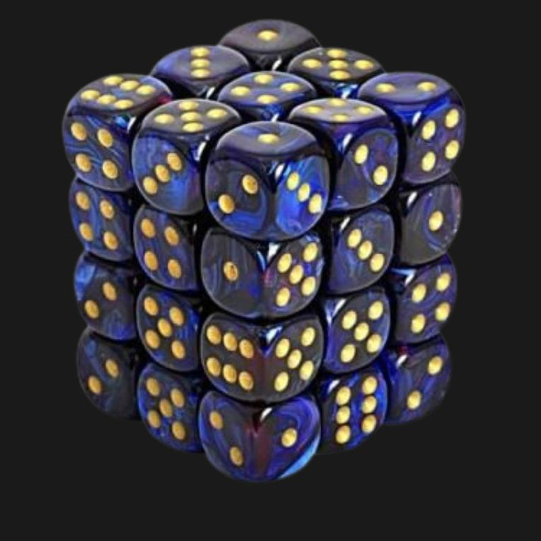 Chessex Scarab Royal Blue w/Gold 12mm d6 Dice Block 36 Dice