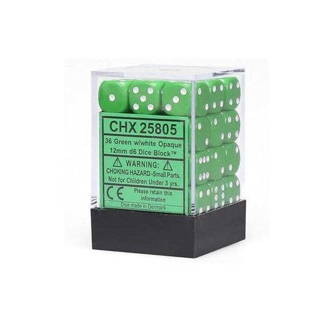 Chessex Opaque 12mm d6 with pips Dice Blocks (36 Dice) - Green w/white - Ventura Games