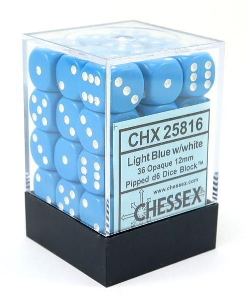 Chessex Opaque 12mm d6 with pips Dice Blocks (36 Dice) - Light Blue w/white - Ventura Games