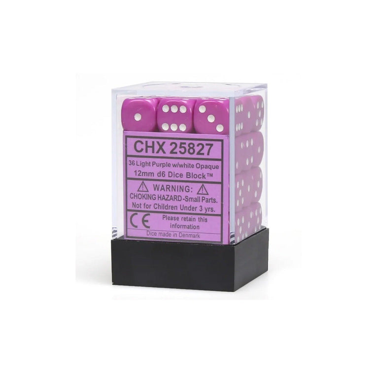 Chessex Opaque 12mm d6 with pips Dice Blocks (36 Dice) - Light Purple w/white - Ventura Games