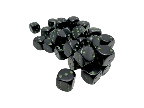 Opaque Black/green 12mm d6 Dice Block (36 dice)