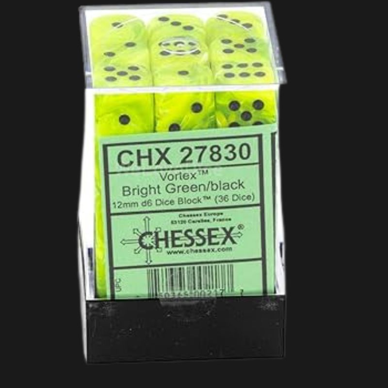 Chessex Vortex Bright Green w/Black 12mm d6 Dice Block 36 Dice