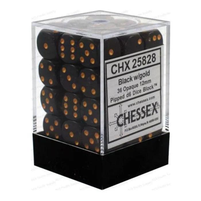 Chessex Opaque 12mm d6 with pips Dice Blocks (36 Dice) - Black w/gold - Ventura Games