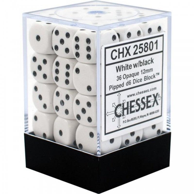 Chessex Opaque 12mm d6 with pips Dice Blocks (36 Dice) - White w/black - Ventura Games