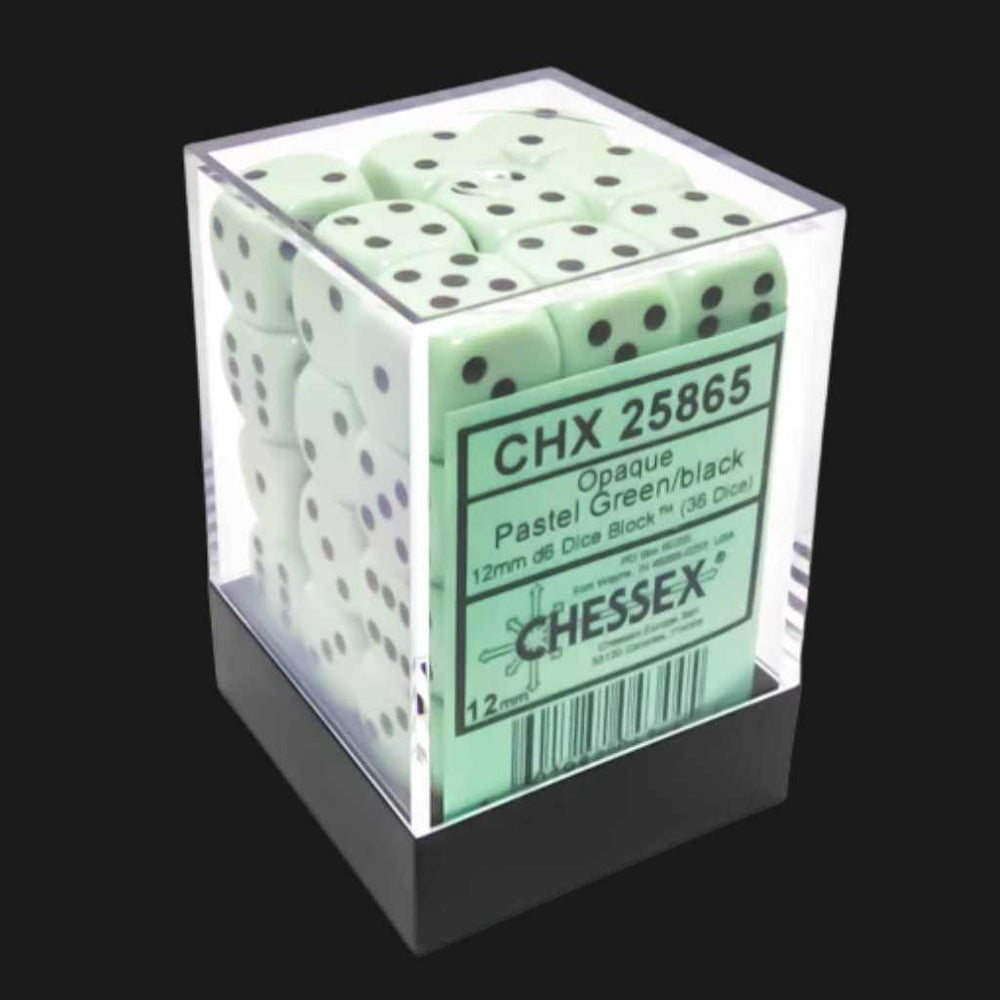 Chessex Opaque Pastel Green/Black 12mm d6 Dice Block (36 Dice) - Ventura Games
