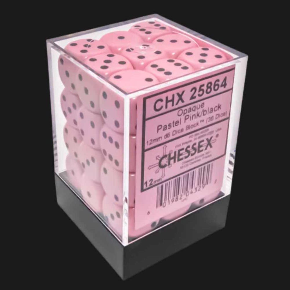 Chessex Opaque Pastel Pink/black 12mm d6 Dice Block (36 dice) - Ventura Games