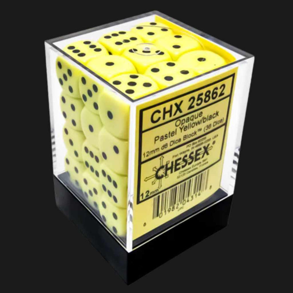 Chessex Opaque Pastel Yellow/black 12mm d6 Dice Block (36 dice) - Ventura Games