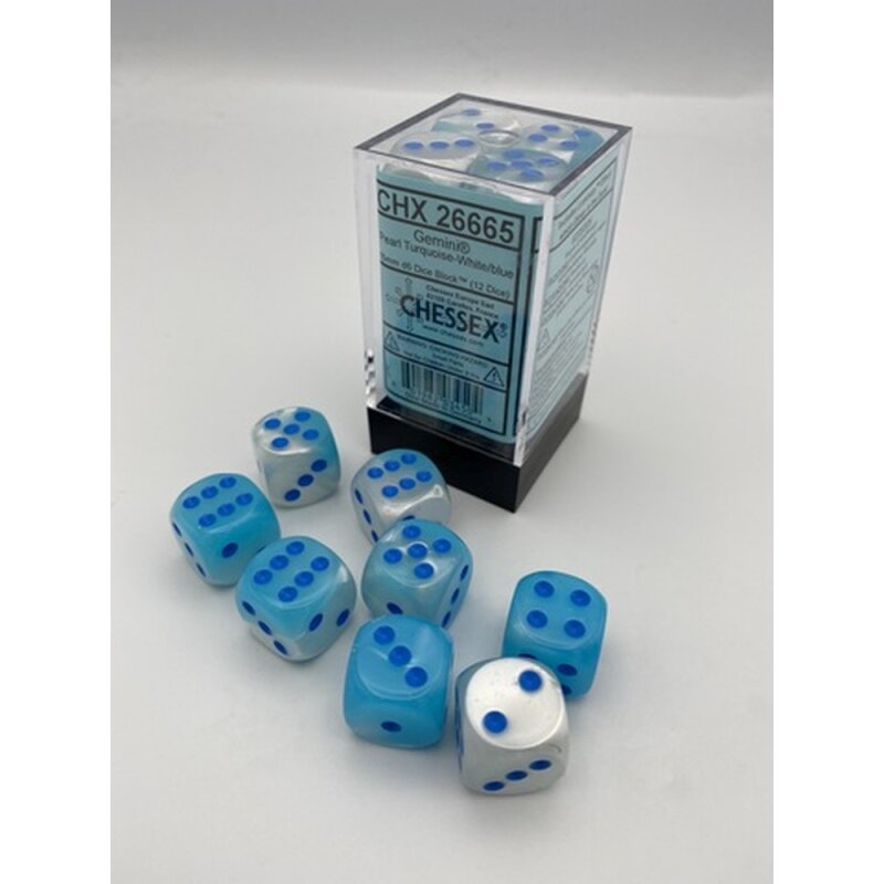 Gemini 16mm d6 Pearl Turquoise-White/blue Luminary Dice Block (12 dice)